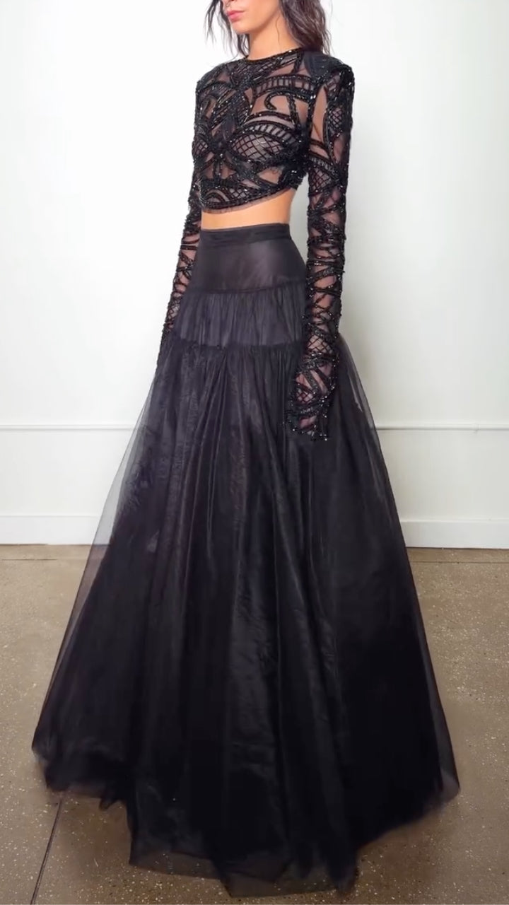 Black Geometric Sheer Crop Top and Tiered Maxi Skirt Set