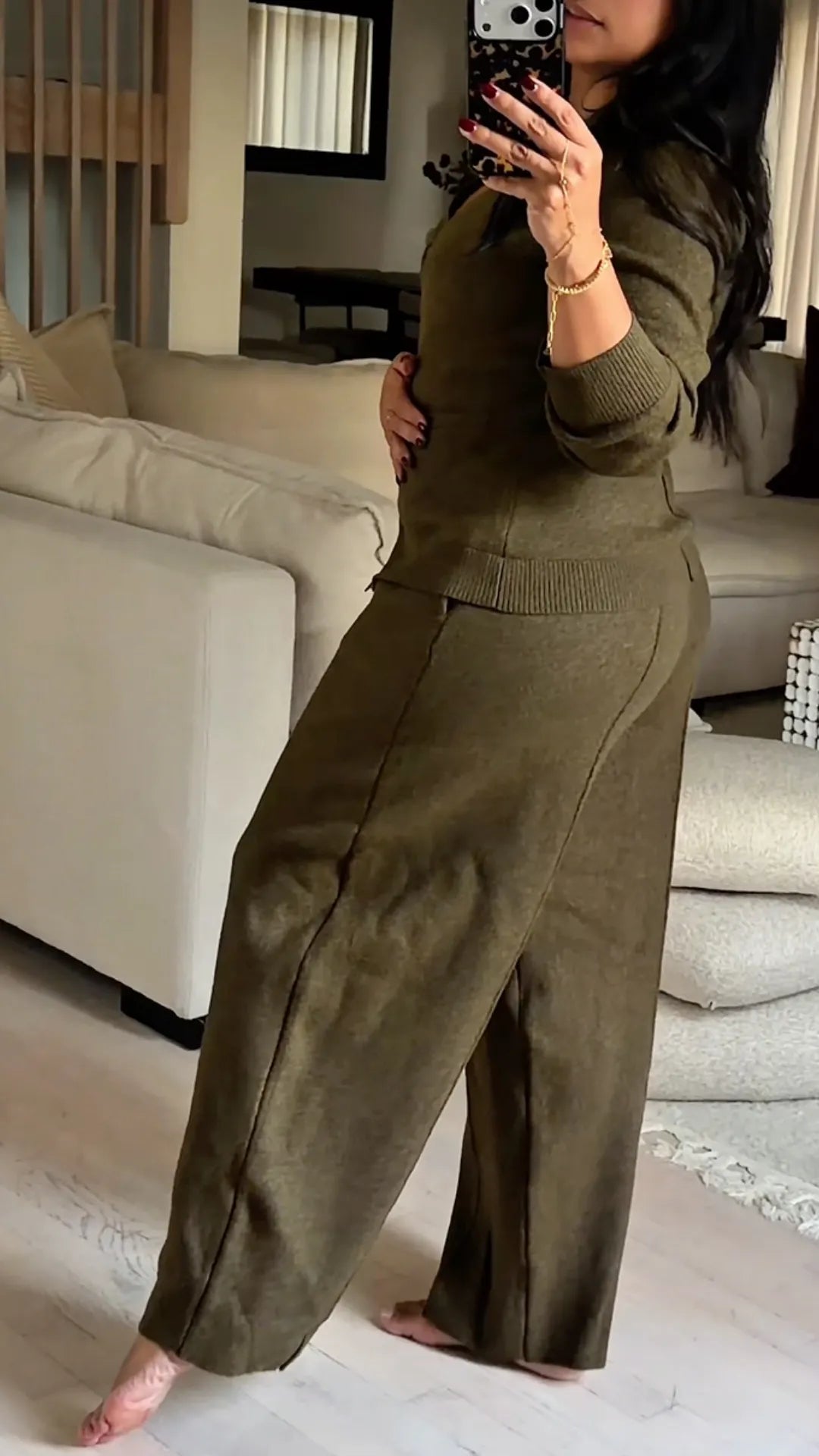 Olive V-Neck Knit Cardigan & Wide-Leg Pants Set