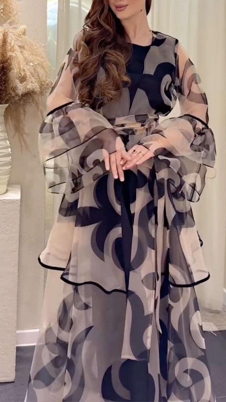 Taupe Abstract-Print Sheer Ruffle Maxi Dress