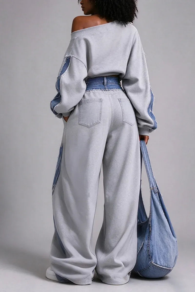 Gray Denim-Patchwork Sweatshirt & Wide-Leg Pants Set