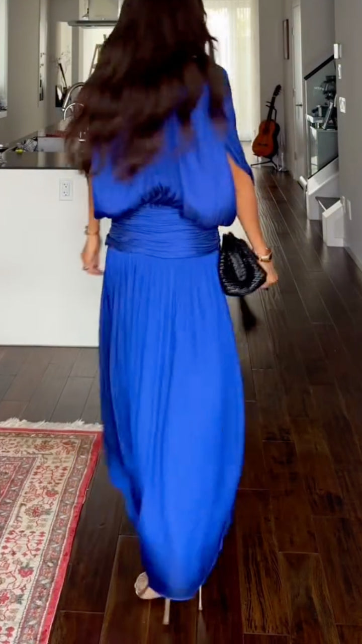 Royal-Blue Plunge-Neck Ruched-Waist Maxi Dress