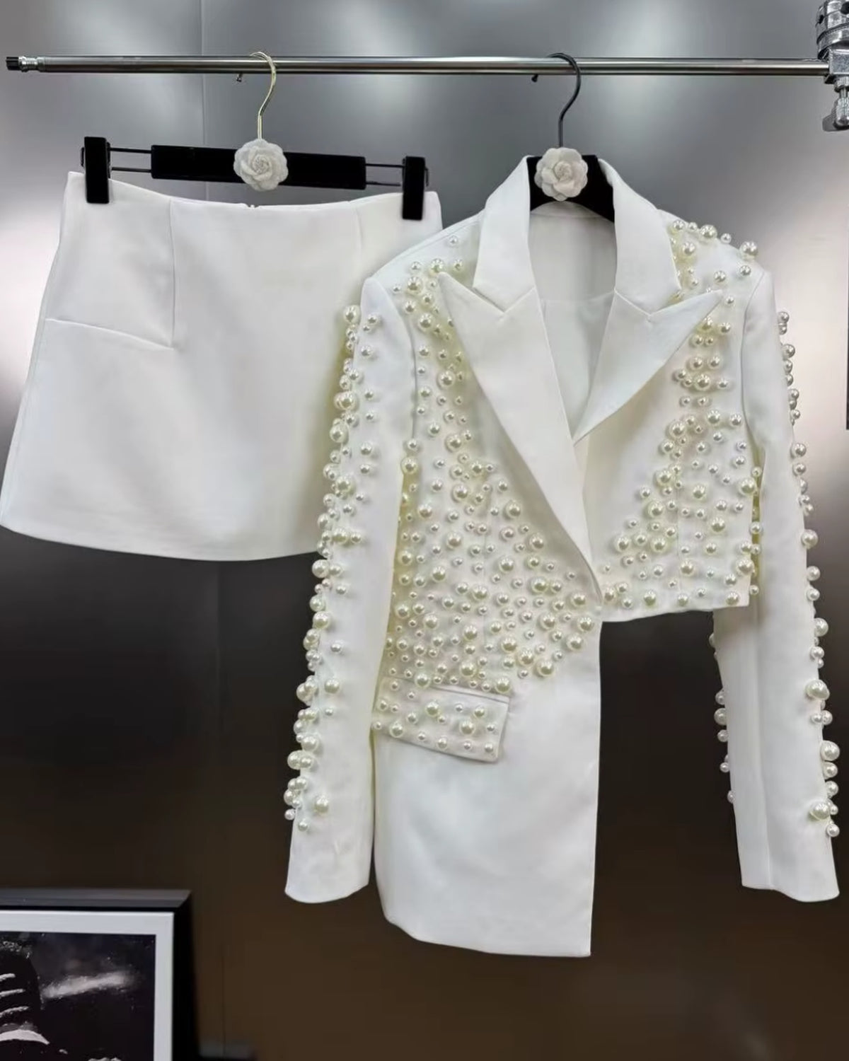 Ivory Pearl-Embellished Asymmetric Blazer & Mini Skirt Set