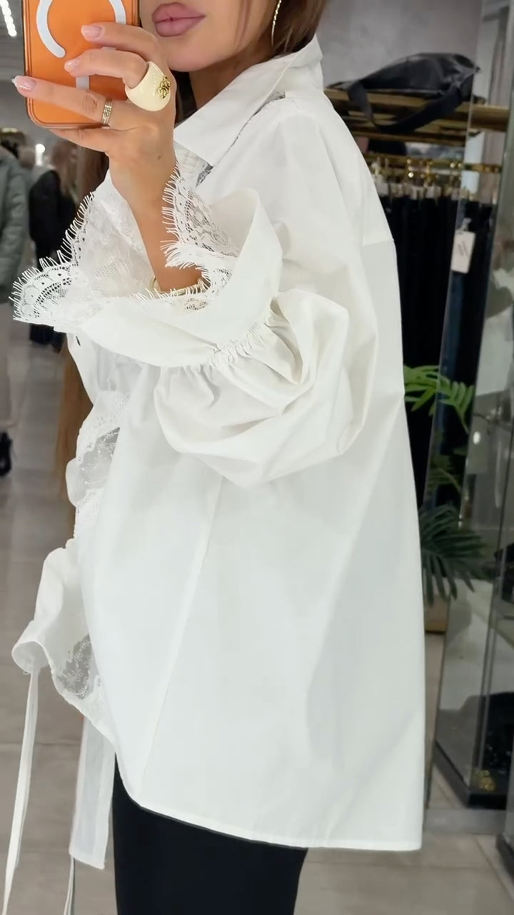 White Lace-Insert Ruched-Sleeve Oversized Shirt