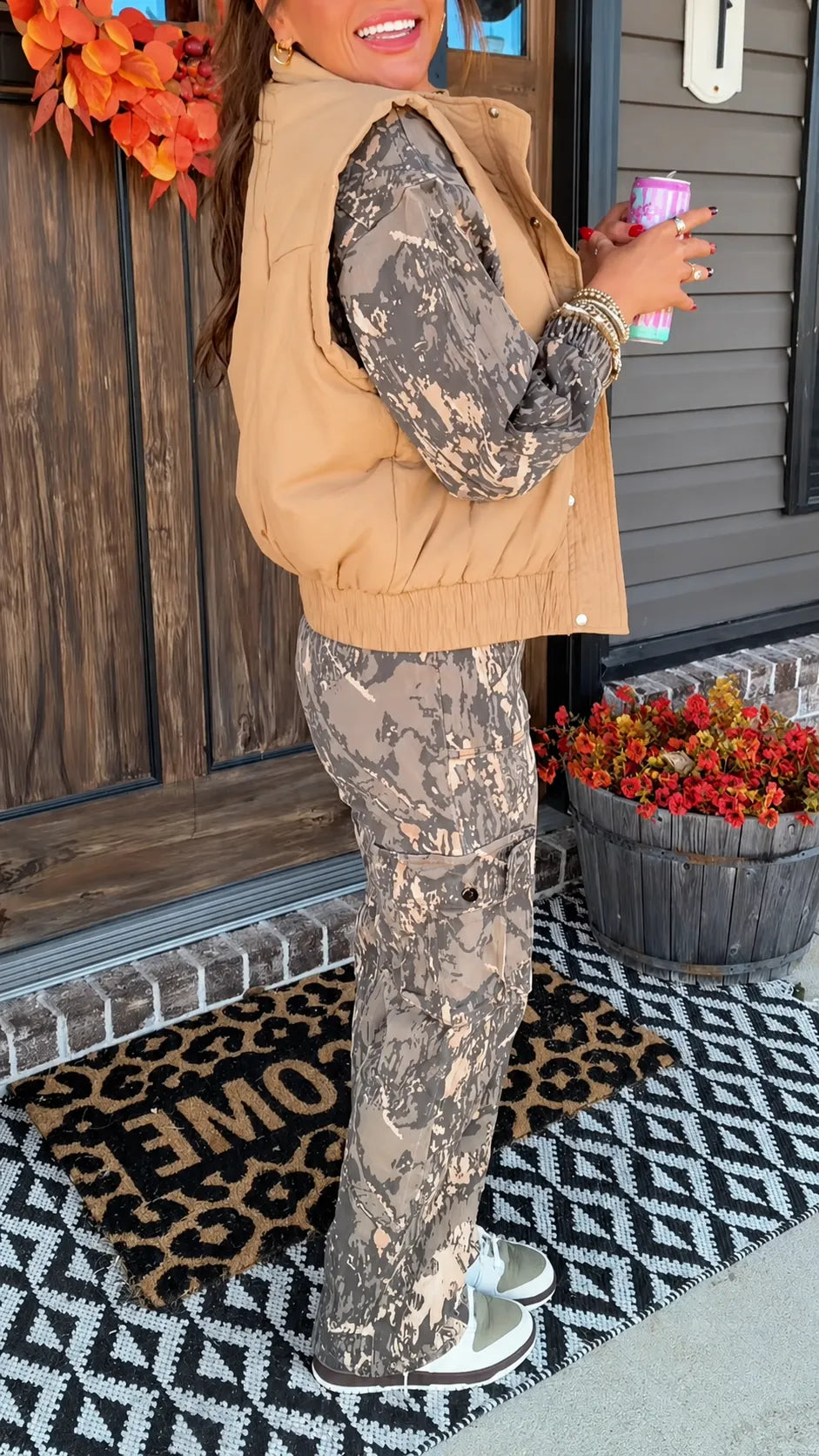 Gray Woodland-Camo Long-Sleeve Cargo Jumpsuit