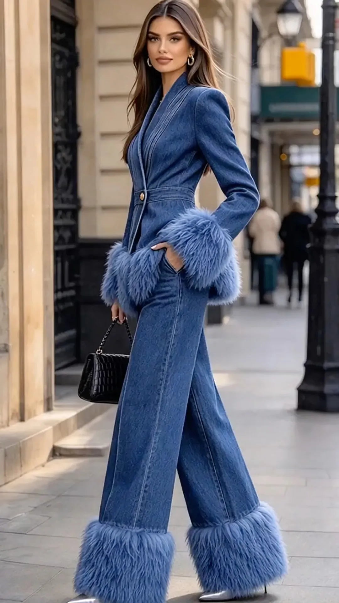 Blue Feather-Effect Trim Denim Pants Suit