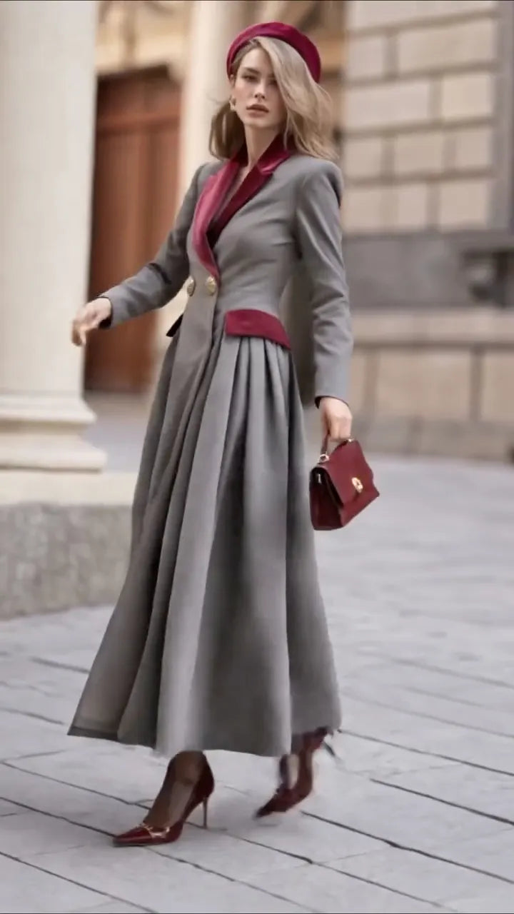 Gray Contrast-Lapel Fit-and-Flare Long Coat