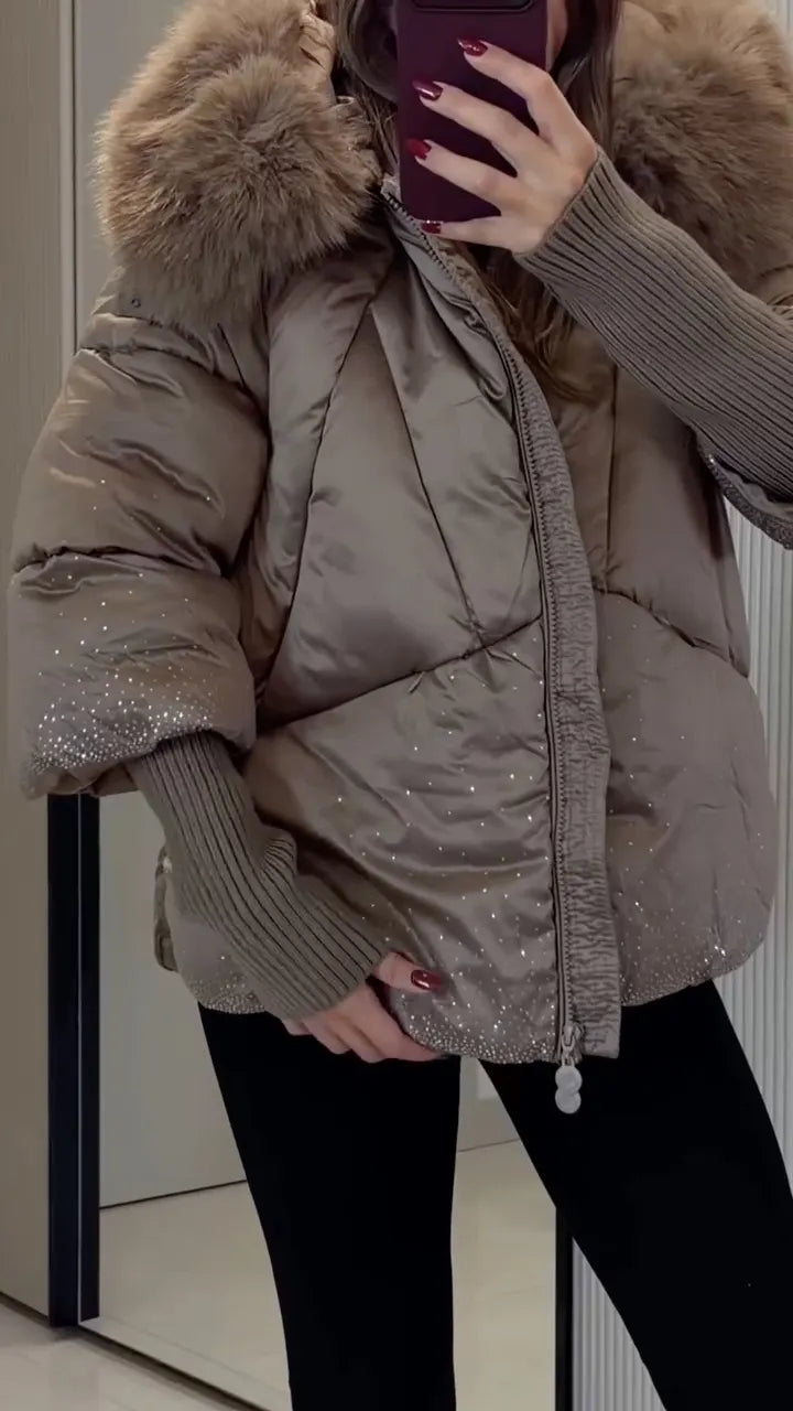 Black Sparkle-Detail Padded Jacket with Plush Collar