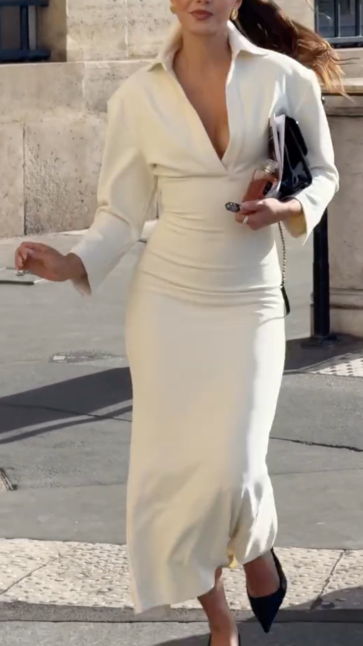 Ivory Deep-V Collared Fitted Midi Dress