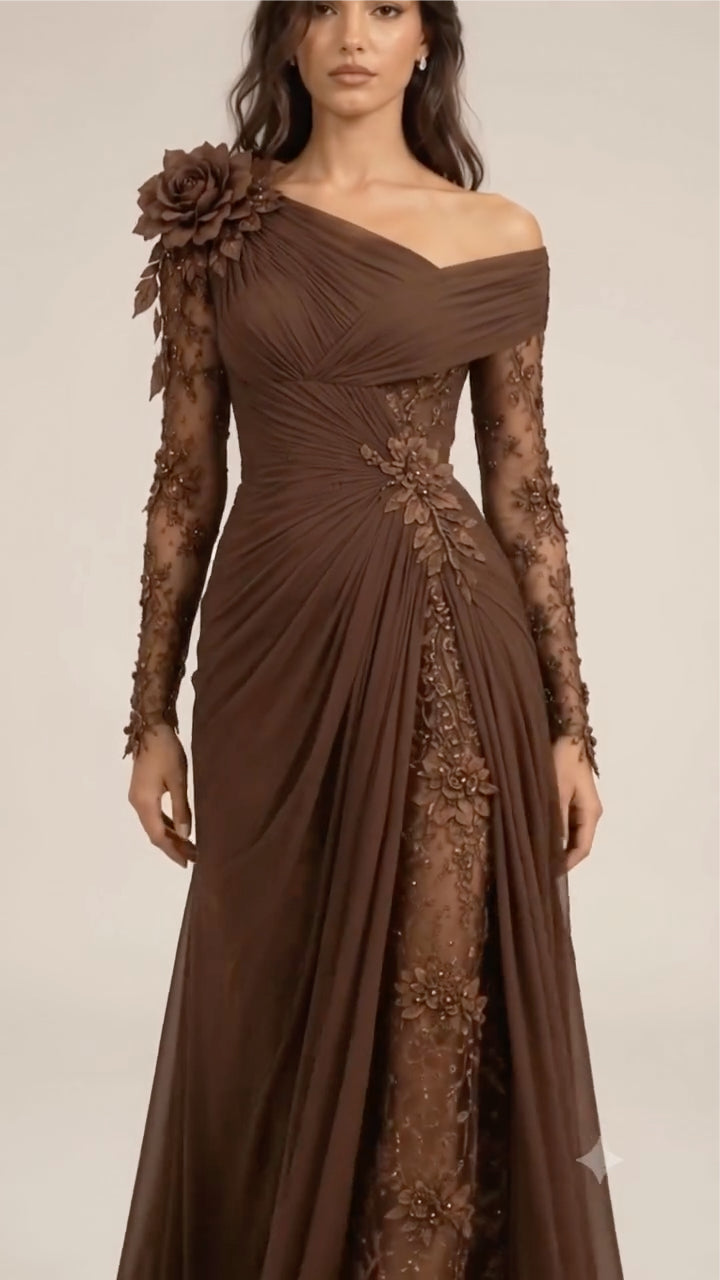 Chocolate Floral-Applique Draped Evening Gown