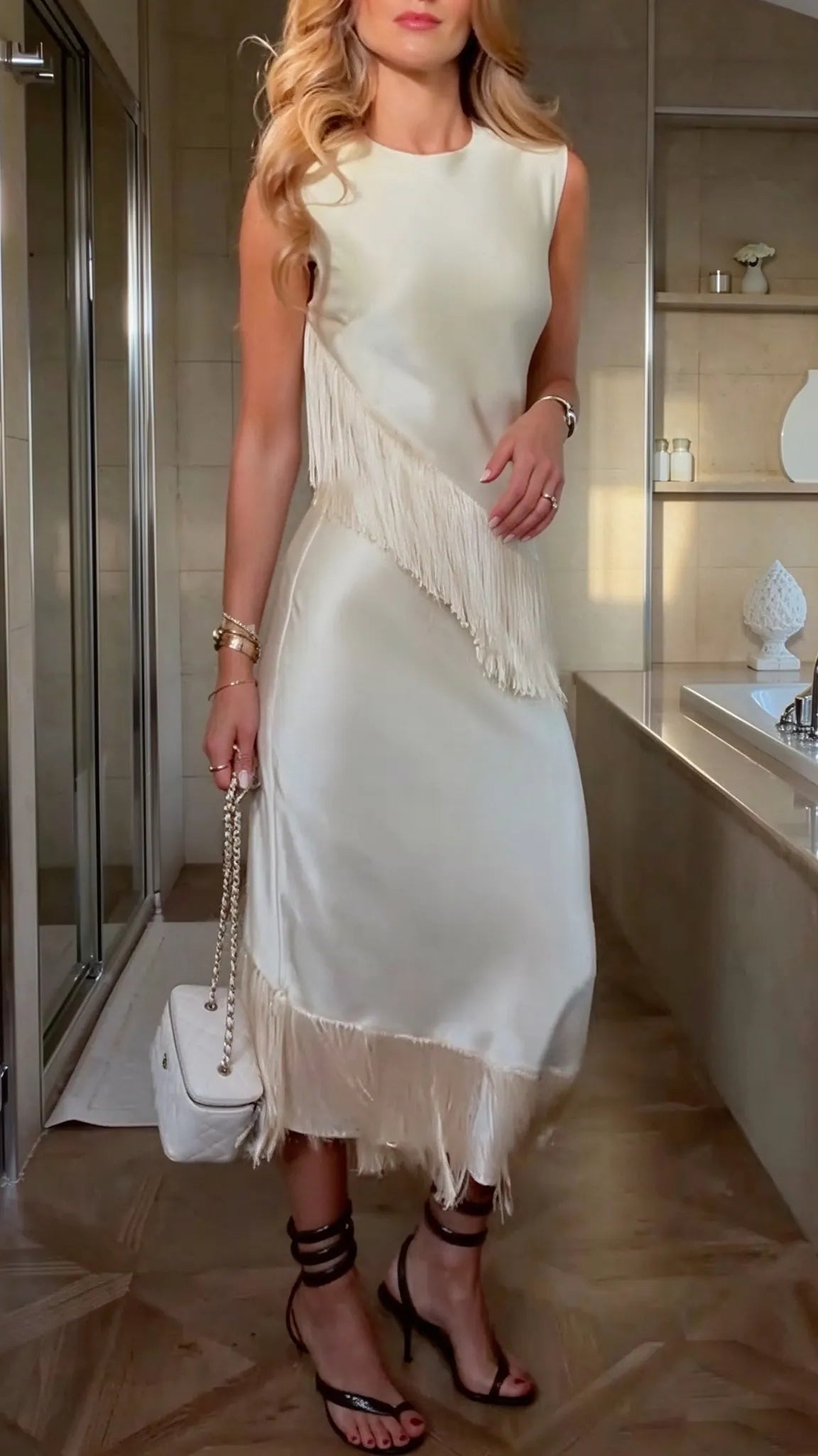 Ivory Sleeveless Asymmetric Fringe Midi Dress