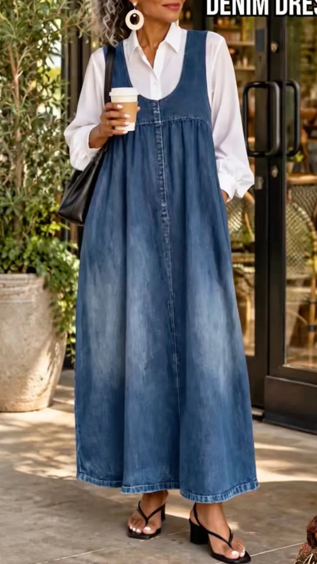 Blue Scoop-Neck Denim Pinafore Maxi Dress