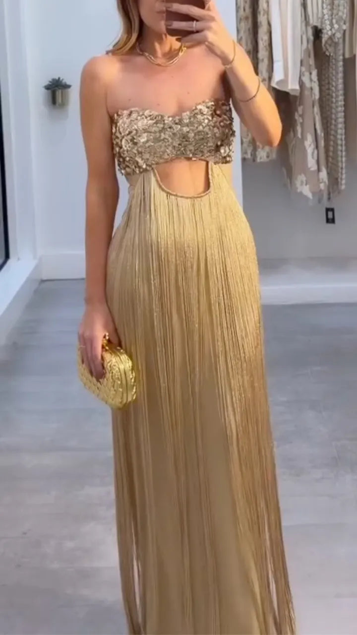 Gold Strapless Cutout Fringe Dress