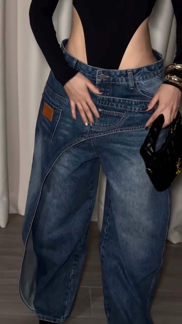 Blue Double-Waist Asymmetric-Panel Barrel Jeans