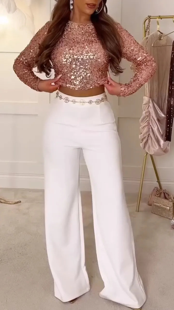 Rose Gold Sequin Long-Sleeve Crop Top & Pants Set