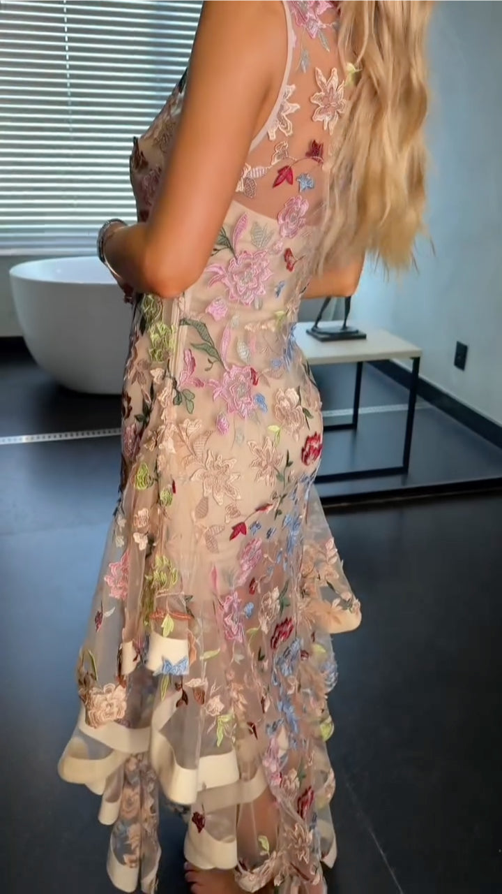 Blush Floral-Embroidered Sheer Ruffle Maxi Dress