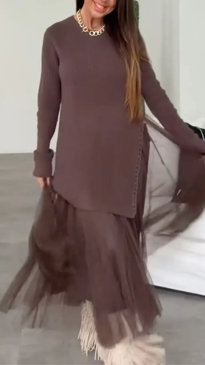 Gray Knit & Sheer Tulle-Hem Midi Dress