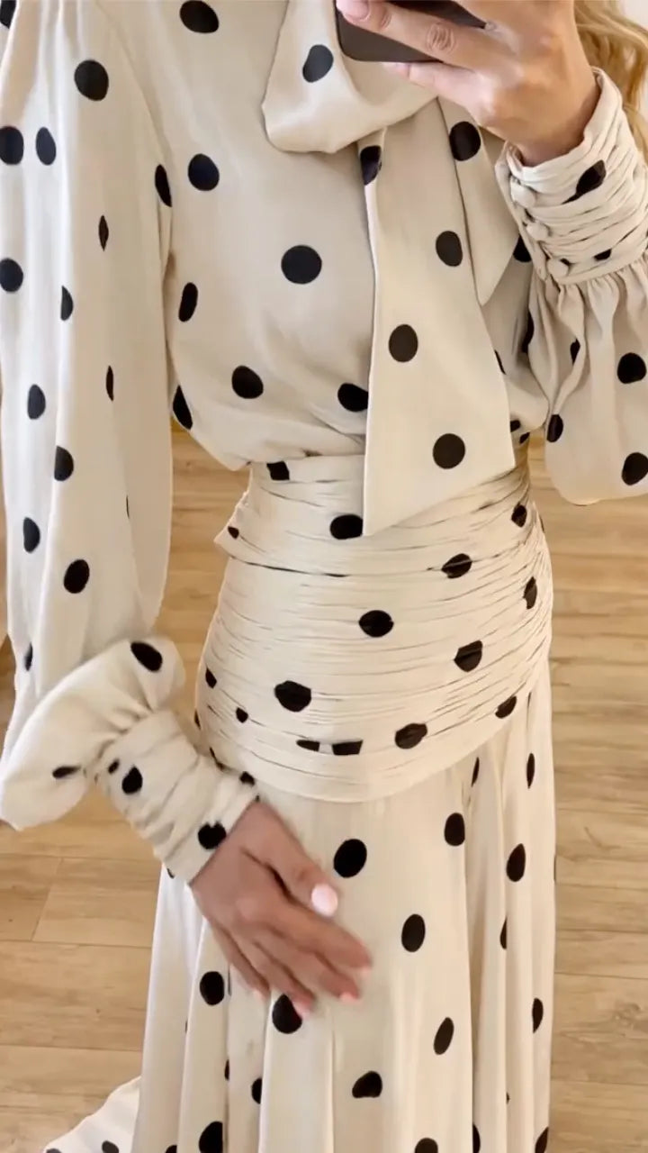 Ivory Polka-Dot Bow-Neck Blouse & Maxi Skirt Set