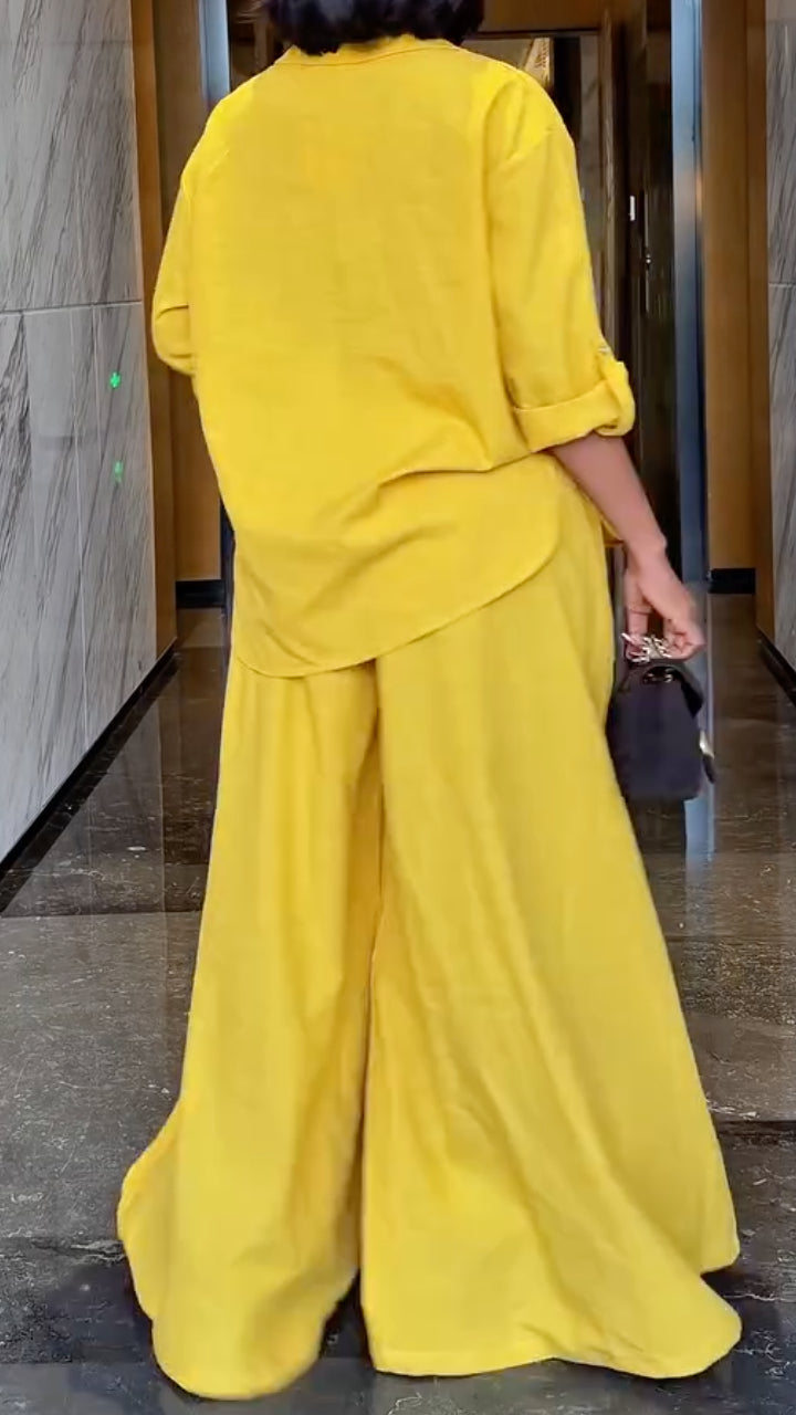 Yellow Oversized Shirt & Wide-Leg Pants Set