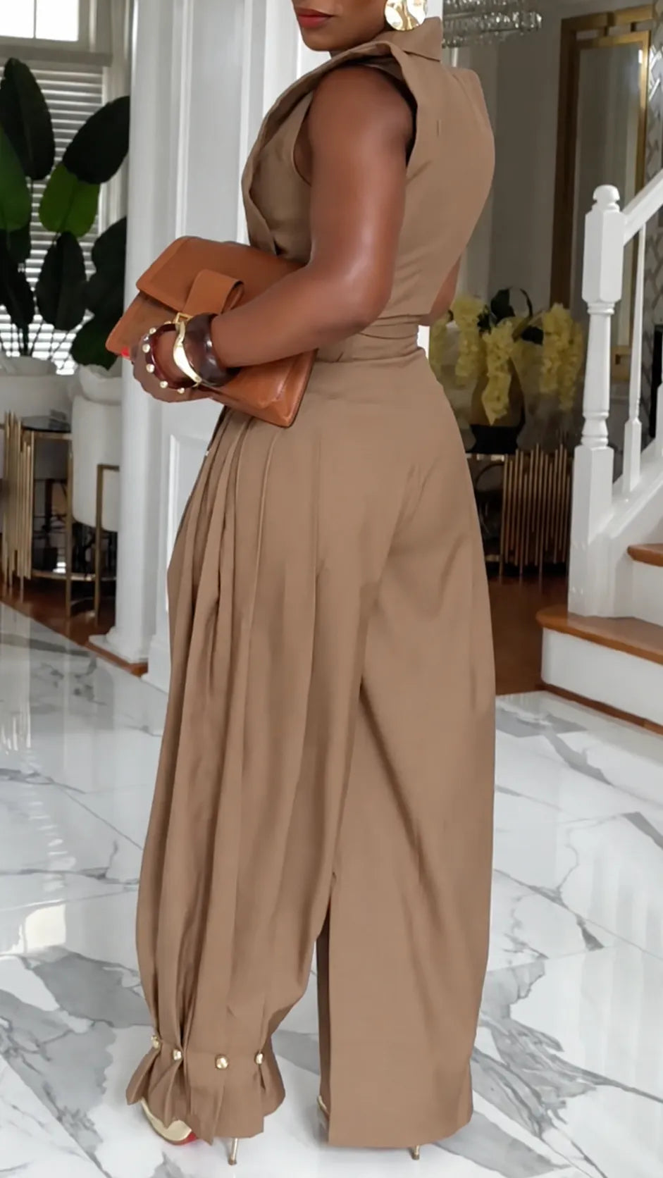 Taupe Lapel Tie-Waist Crop Top and Wide-Leg Pants Set