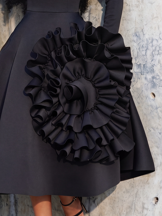 Sculptural Rosette Fit-and-Flare Midi Dress