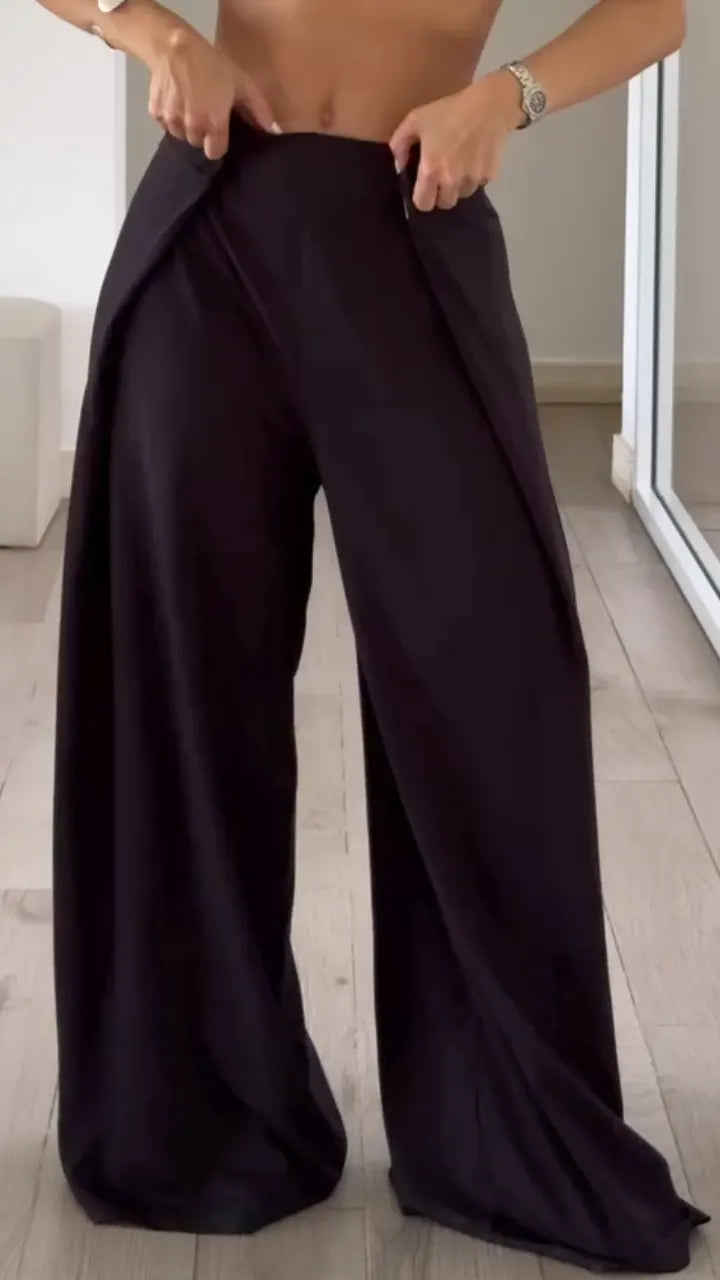 Asymmetric Waist Wide-Leg Pants