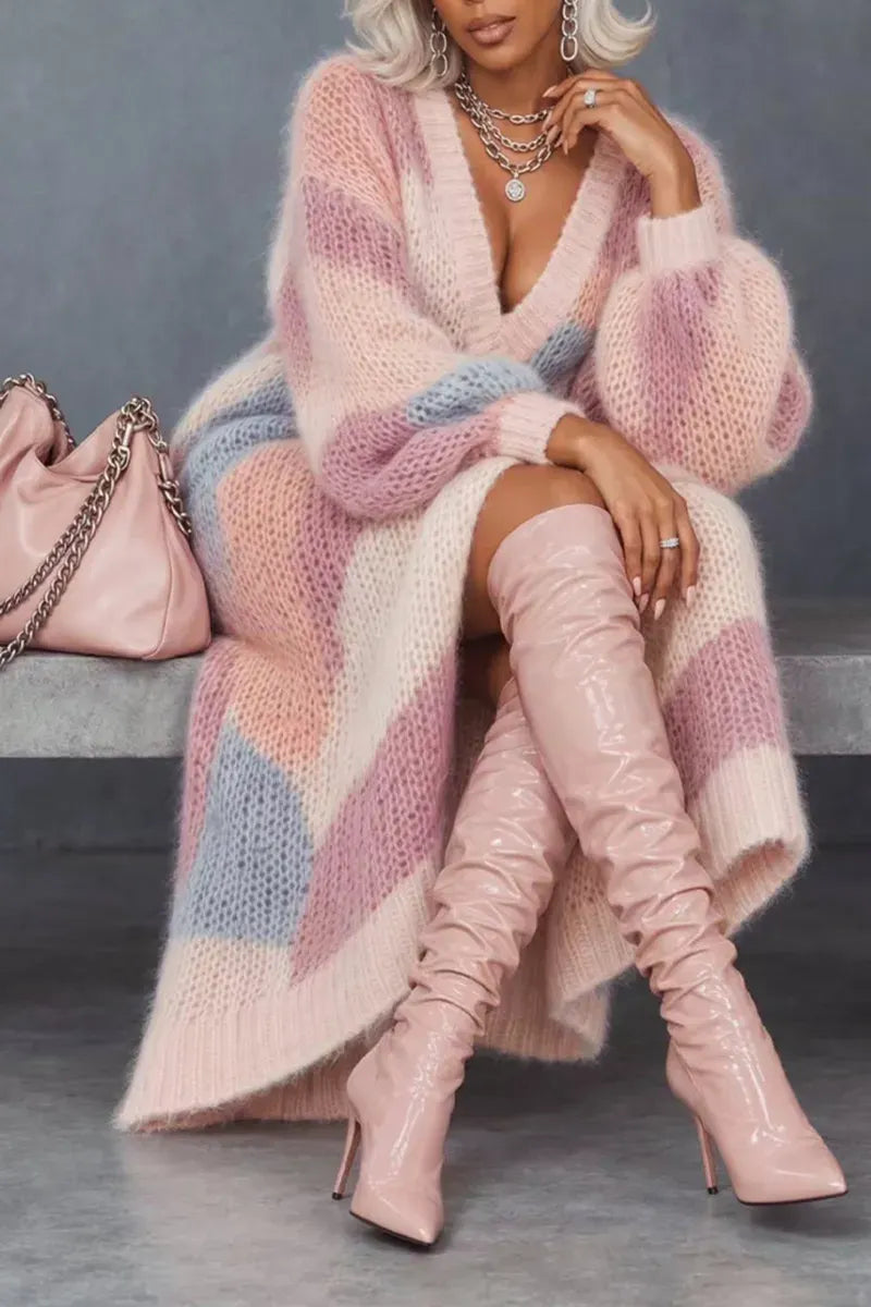 Pastel Colorblock Deep-V Balloon-Sleeve Knit Maxi Dress