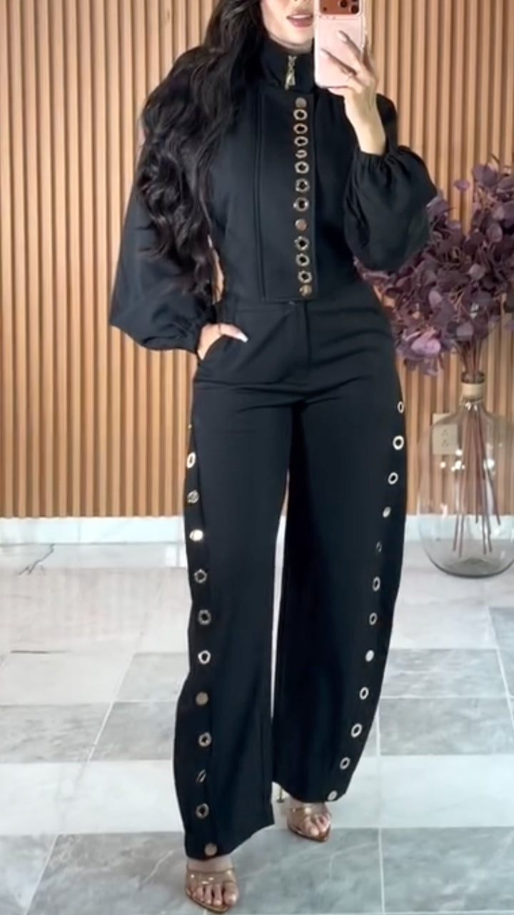 Black Metal-Ring Button Top and Eyelet Wide-Leg Pants Set