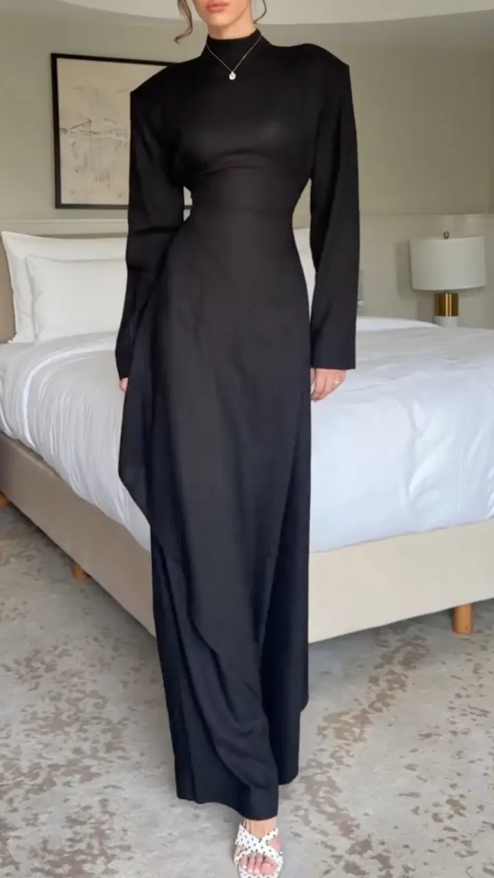 Black Mock-Neck Draped-Waist Maxi Dress