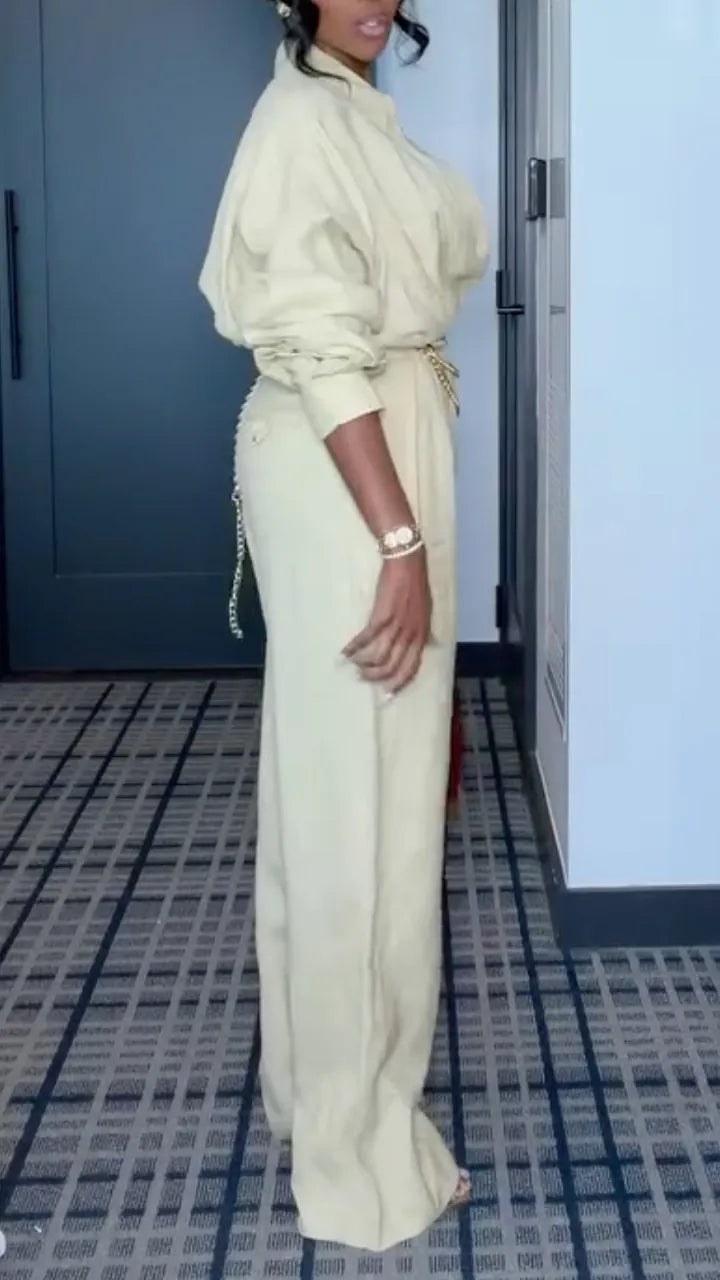 Cream Relaxed Collared Shirt & Wide-Leg Pants Set