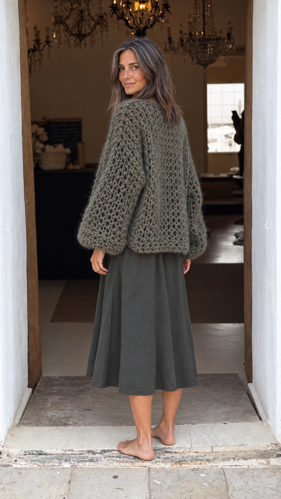 Olive Chunky-Knit Cardigan & Strapless Midi Dress Set