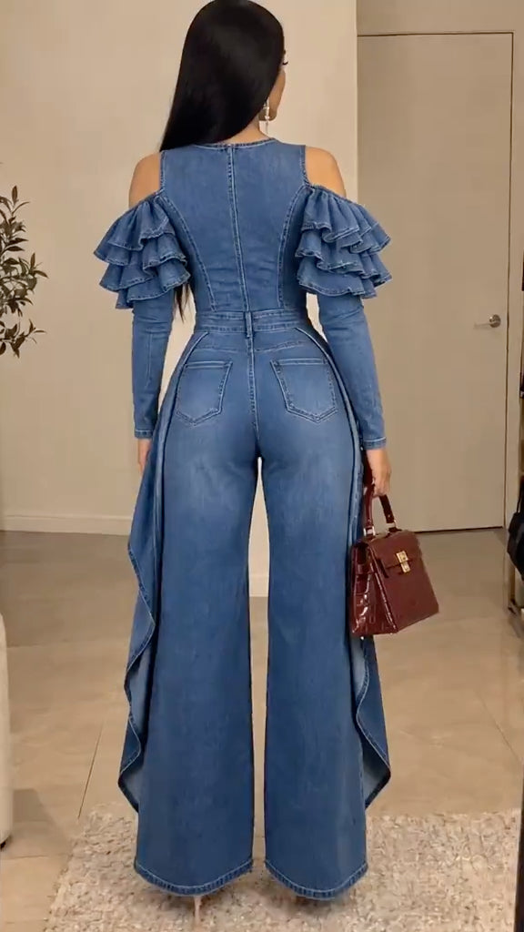 Blue Cold-Shoulder Ruffle Overlay Denim Jumpsuit