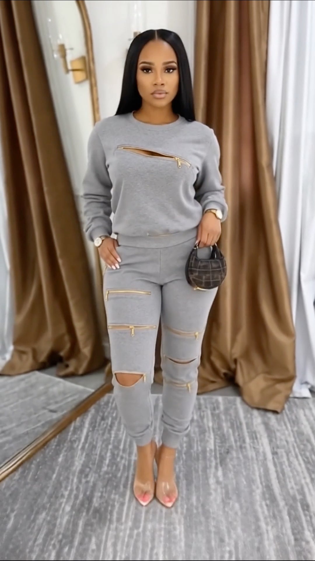 Gray Gold-Zip Cutout Sweatshirt and Jogger Set
