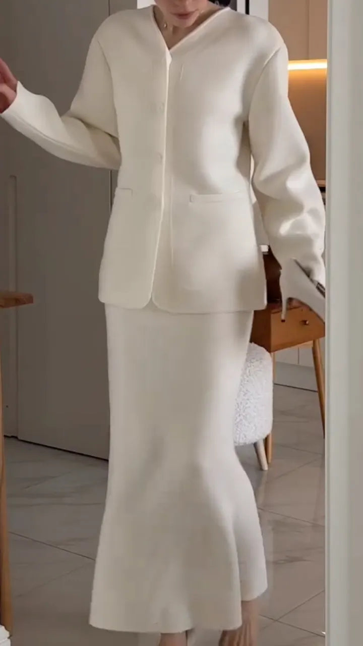 Ivory Collarless Button Jacket & Midi Skirt Set