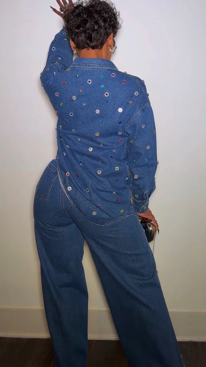 Multicolor Crystal-Style Denim Shirt & Wide-Leg Pants Set