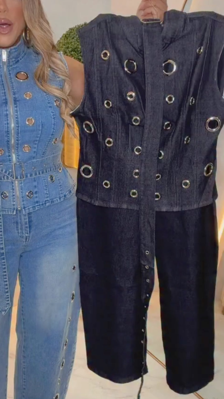 Blue Grommet Zip Vest and Barrel-Leg Jeans Set