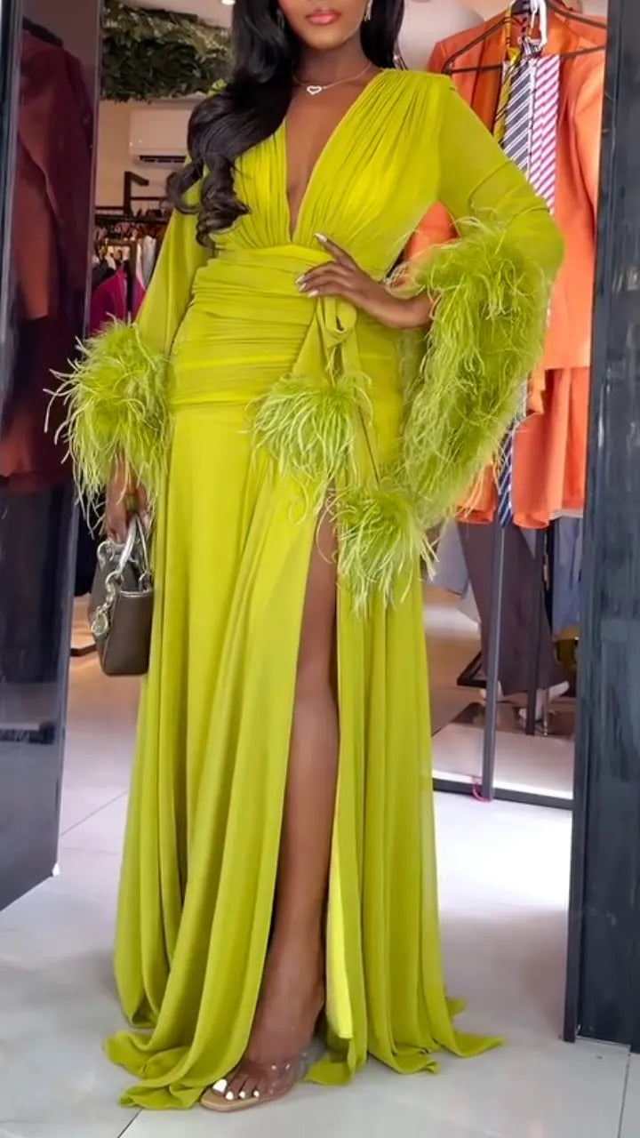 Lime Feather-Trim Ruched Slit Maxi Dress