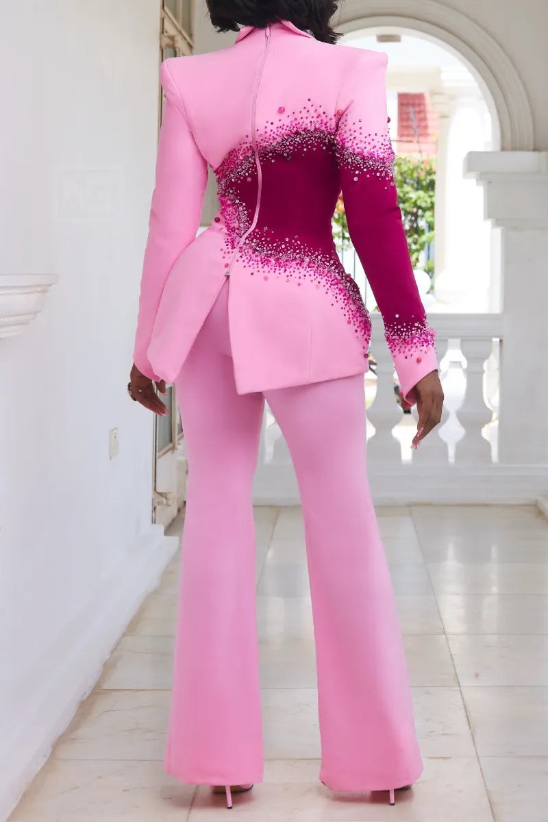 Pink Asymmetric Crystal-Trim Colorblock Pants Suit