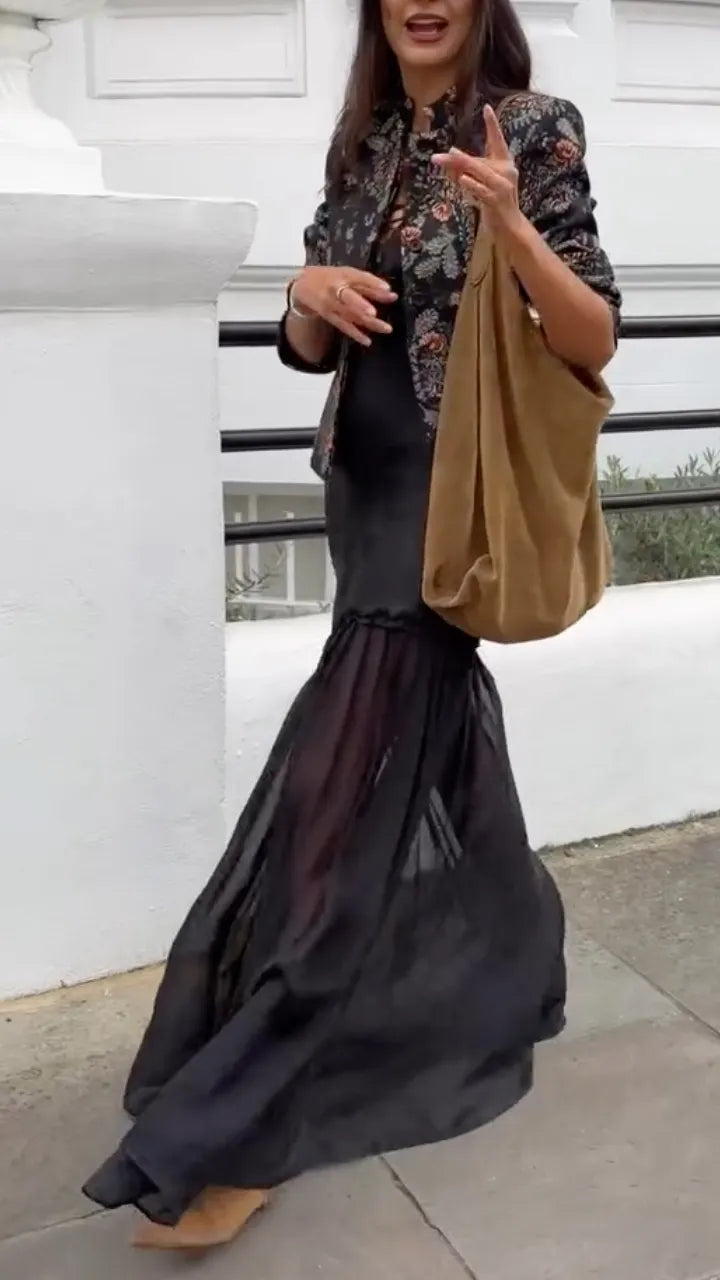 Floral Tapestry-Look Jacket & Black Tiered Maxi Dress Set