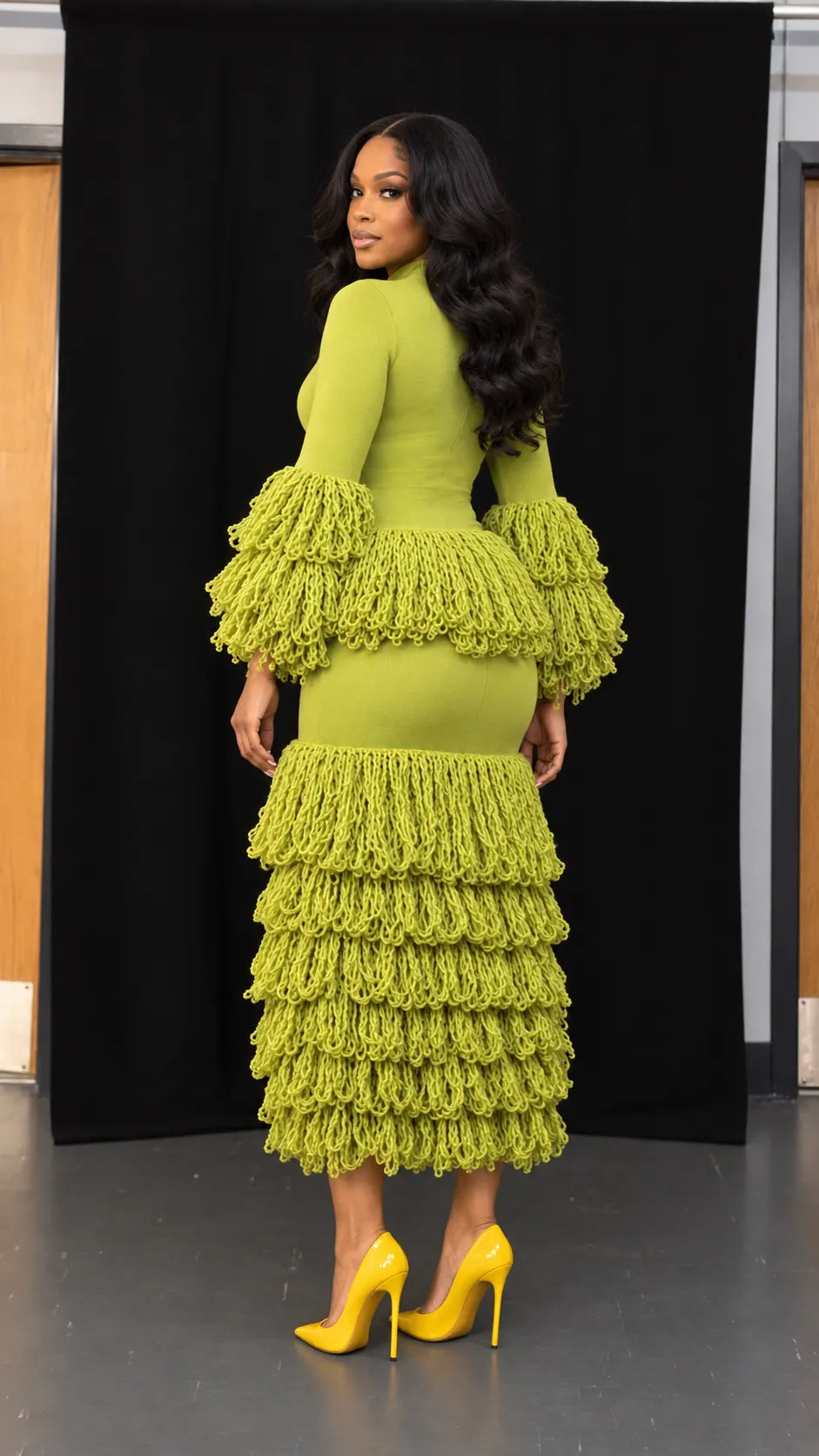 Lime Loop-Fringe Peplum Tiered Midi Dress