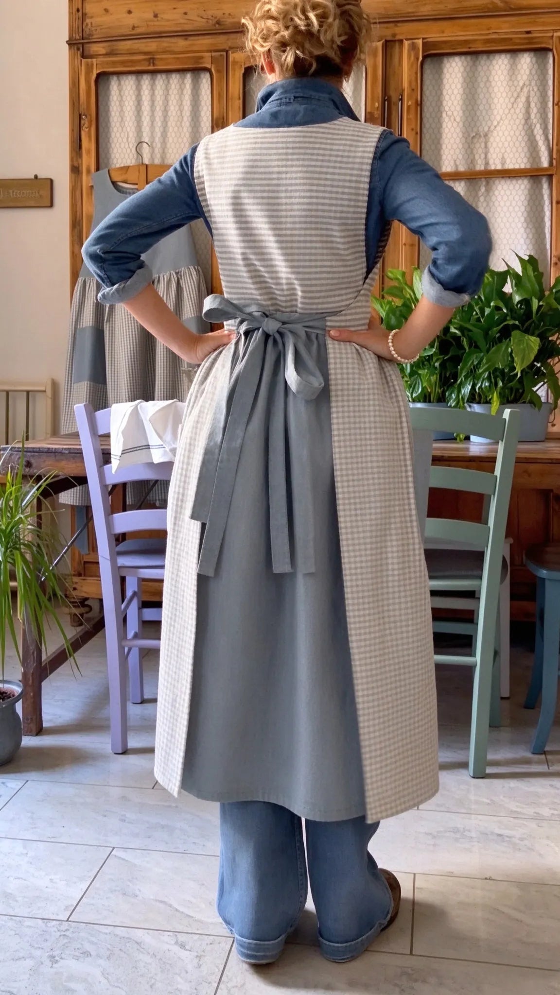 Gray Gingham Contrast-Pocket Pinafore Dress