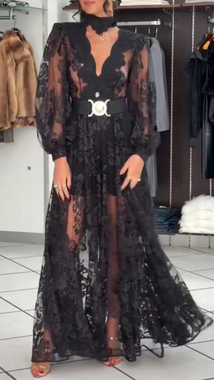 Black Plunging Floral-Lace Long-Sleeve Maxi Dress
