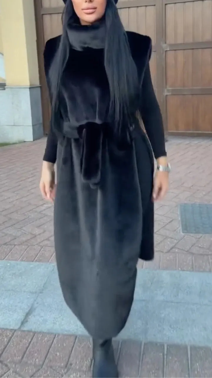 Black Plush-Look High-Neck Belted Long Vest