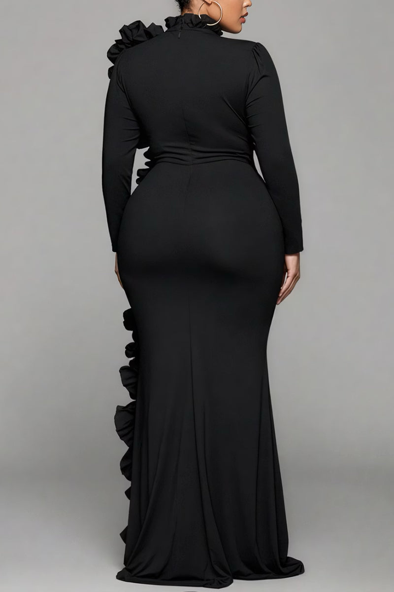 Black High-Neck Cascading-Ruffle Slit Gown