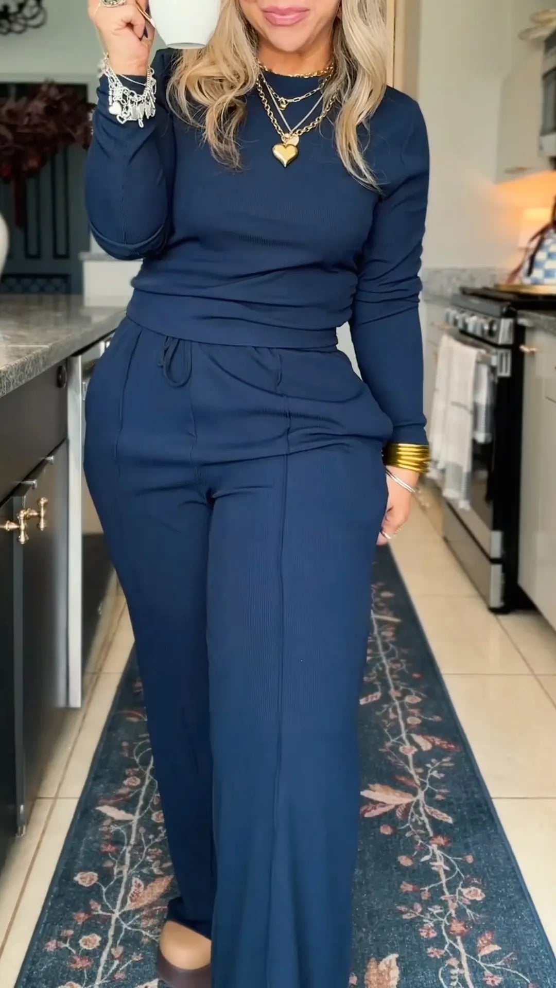 Navy Mock-Neck Sweatshirt and Drawstring Wide-Leg Pants Set