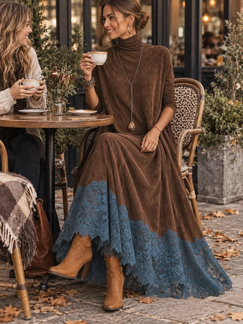 Brown Turtleneck Swing Maxi Dress with Teal Lace Hem