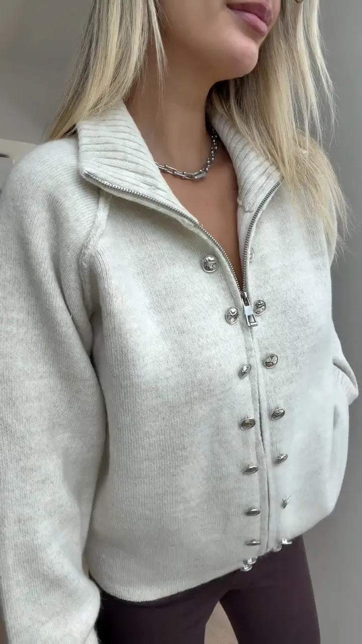 Olive Zip-Front Knit Cardigan with Metallic Button Details
