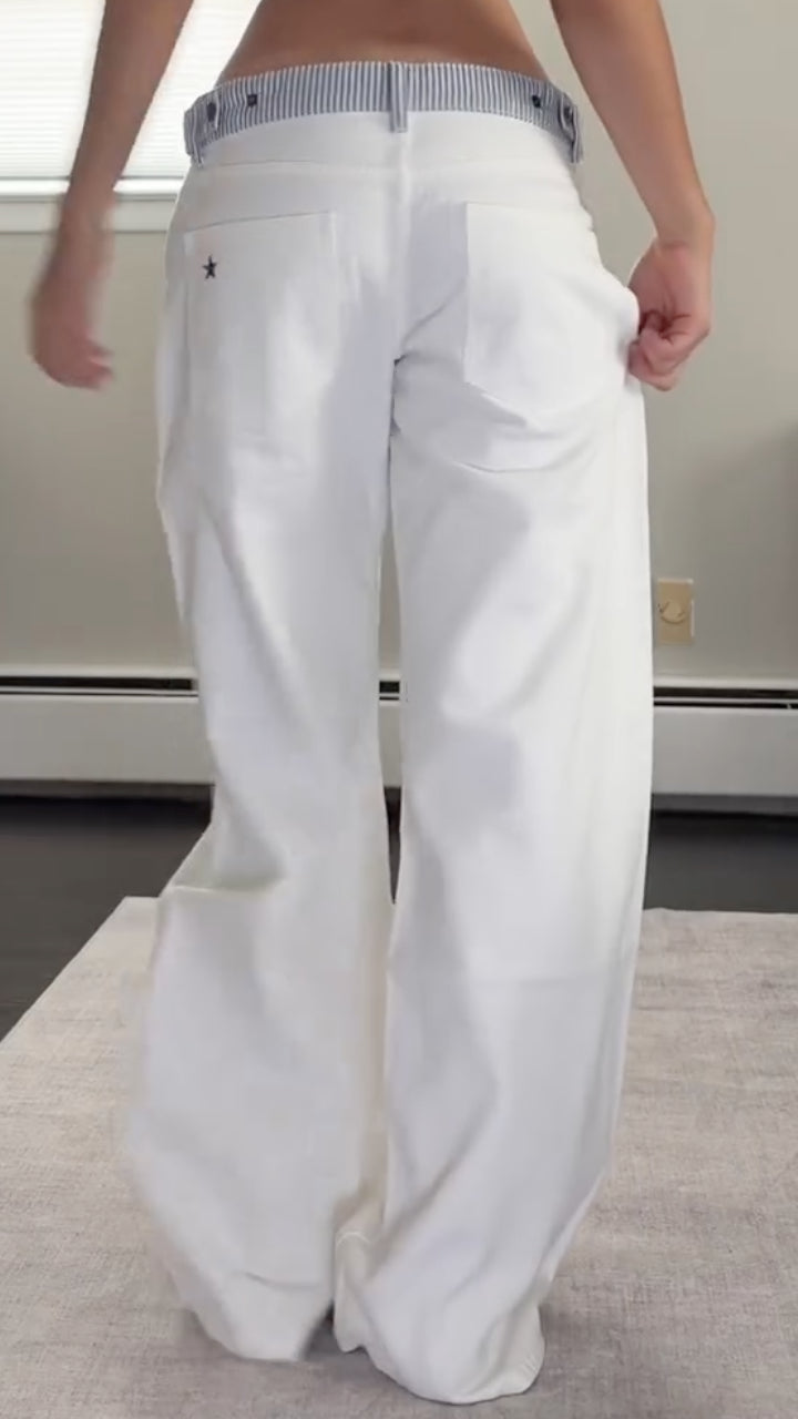 White Striped-Waist Wide-Leg Pants
