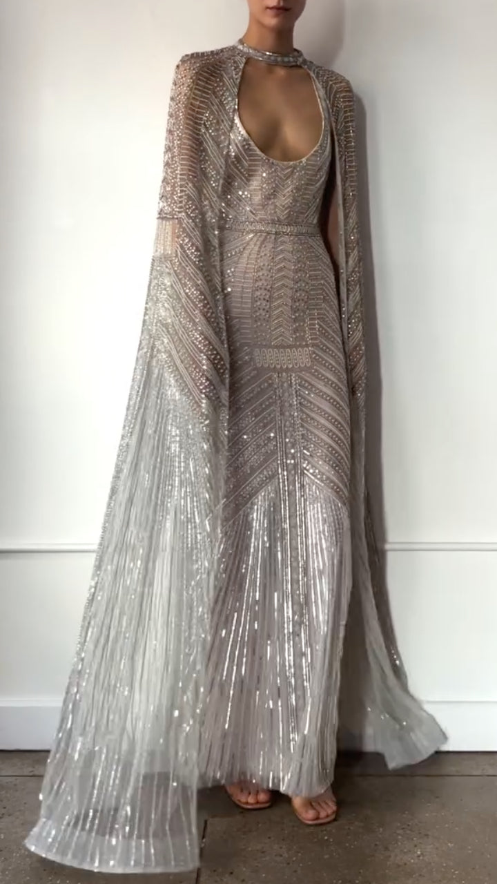 Silver Geometric-Beaded Keyhole Cape Gown