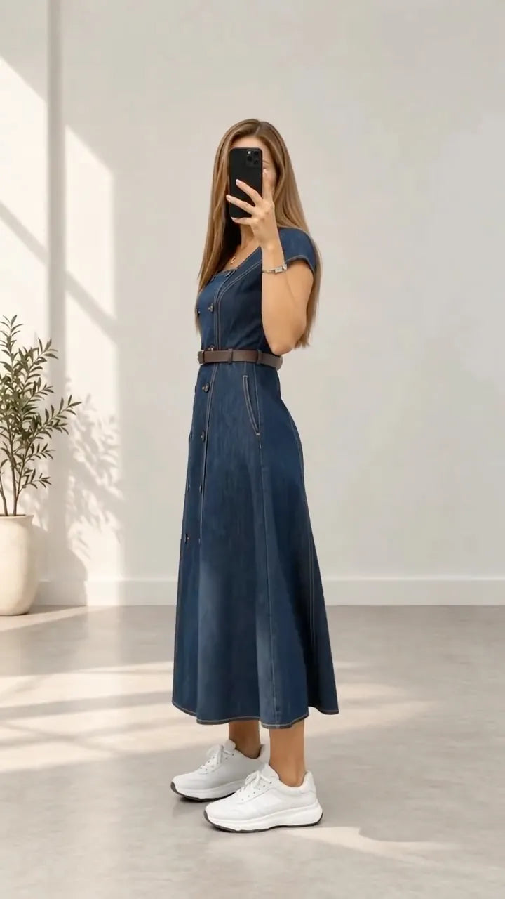 Square-Neck Double-Button Denim A-Line Dress