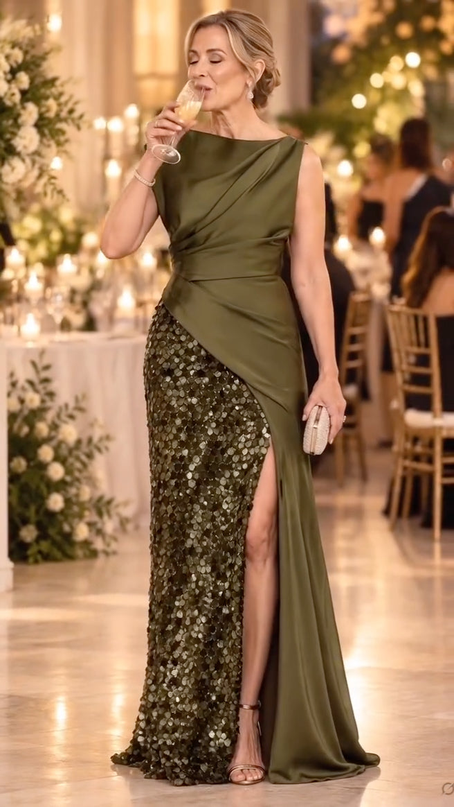 Olive Draped Sequin-Panel Slit Maxi Dress
